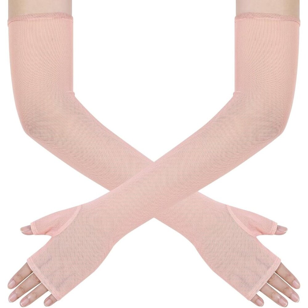 Women's Long Blush Tulle Sheer Satin Gloves Elbow Length Wedding Party Costume